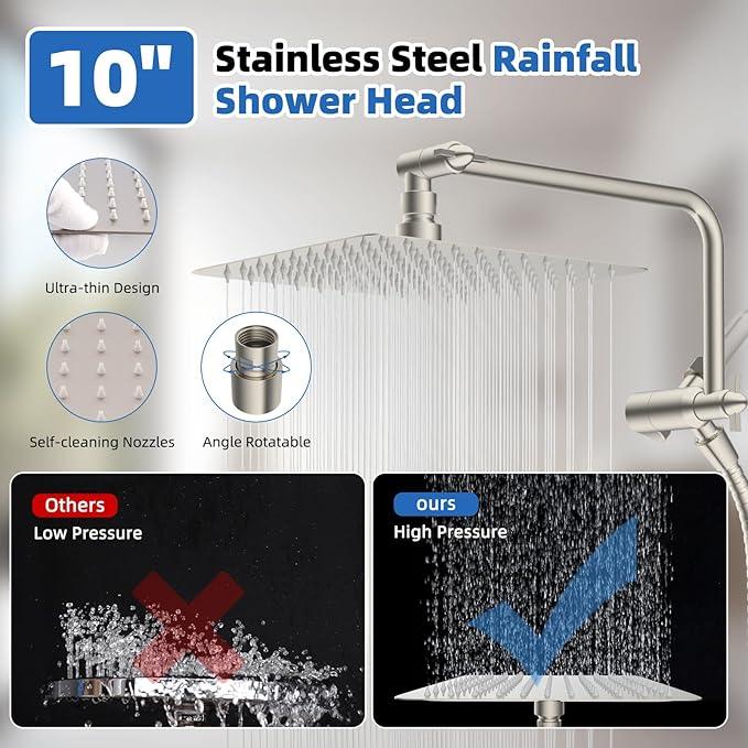 All Metal Shower Head, 10" High Pressure Rainfall/Handheld Shower Combo with 11" Extension Arm, 10-Spray Handheld Showerhead, 71" Long Hose, 3-Way Diverter Valve, Brushed Nickel - ModernBath
