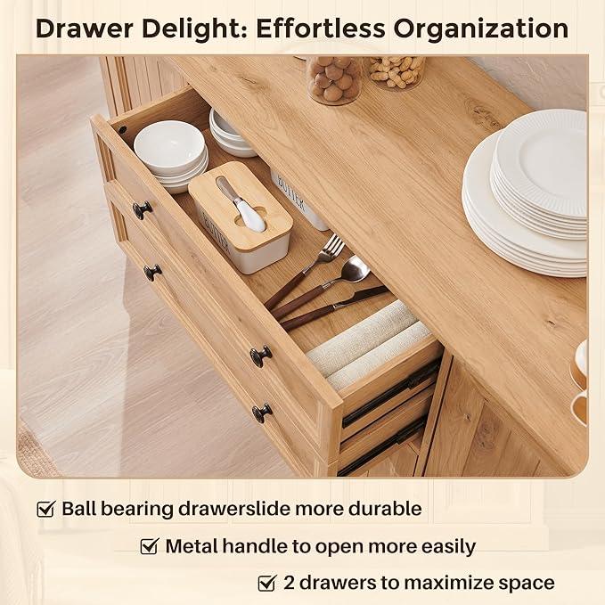 Farmhouse 58" Buffet Cabinet with Storage, 34" Tall Sideboard Cabinet w/2 Large Drawers & 4 Grooved Barn Doors, Wood Rustic Sideboard for Dinning Room, Kitchen, Living Room,Natural - ModernBath