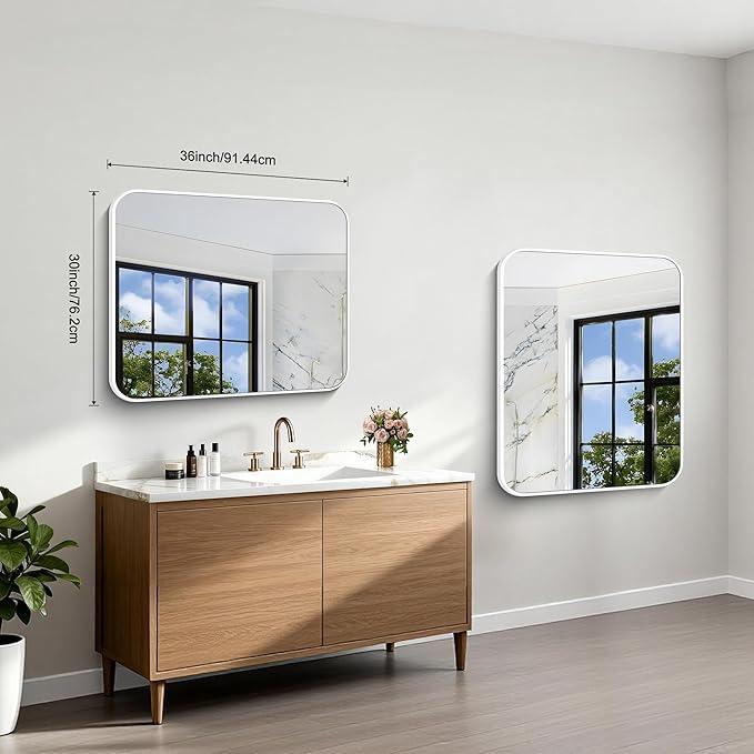 BONEWEI White Bathroom Mirror,30x36 inch Wall Mirror for Bathroom Wall Mounted,Rectangle Mirror for Bathroom Over Sink,Modern Frame Round Corner for Living Room,Bedroom Entryway,Horizontal/Vertical - ModernBath