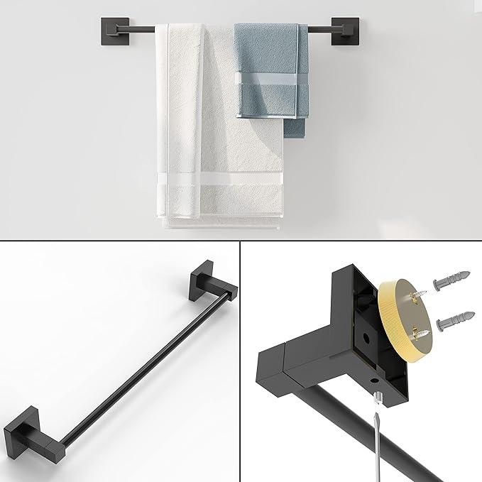 Ruacq 4 Pieces Bathroom Hardware Set Matte Black Square Stainless Steel and Zinc Alloy Modern Wall Mounted,18-Inch Towel Bar,Toilet Paper Holder,Towel Ring,Robe Hook,Bathroom Accessories Kit - ModernBath
