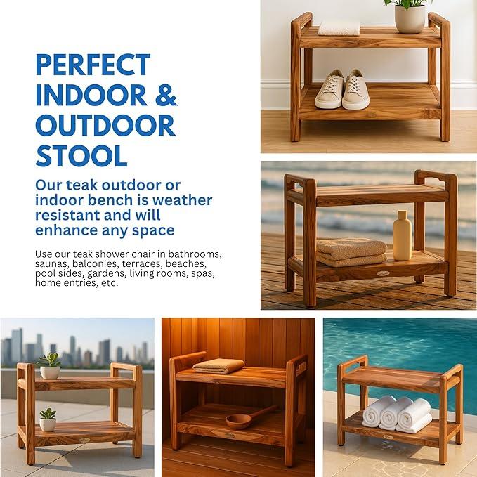 EcoDecors Eleganto 24 Inch Natural Color Waterproof Teak Wood Shower Bench Stool Seat Chair For Inside Shower Provides Safety, Storage, and Organization For Bathroom Accessories - ModernBath