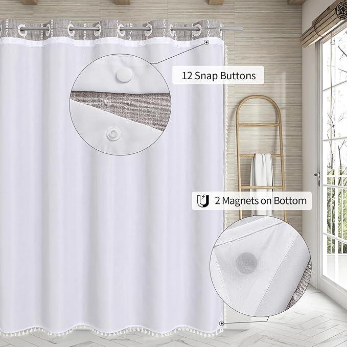 MitoVilla No Hooks Required Boho Farmhouse Shower Curtain with Snap-in Liner, Cotton Linen Fabric Shower Curtains with Tassels for Rustic Neutral Bathroom Decor, Grey Taupe, 72 x 74 - ModernBath