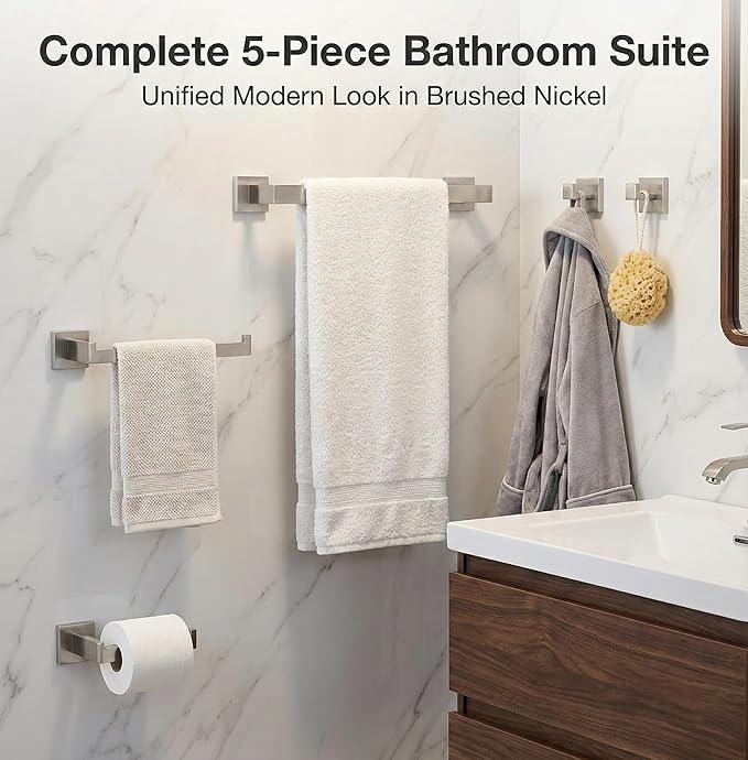 5 Piece Bathroom Hardware Set Brushed Nickel, SUS304 Stainless Steel Towel Bar Set, Modern Square Accessories with 16 Inch Rack Toilet Paper Holder Robe Hooks (Brushed Nickel) - ModernBath