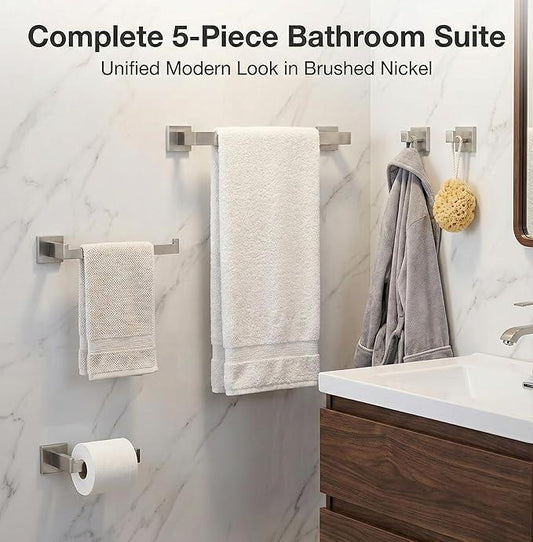 5 Piece Bathroom Hardware Set Brushed Nickel, SUS304 Stainless Steel Towel Bar Set, Modern Square Accessories with 16 Inch Rack Toilet Paper Holder Robe Hooks (Brushed Nickel) - ModernBath