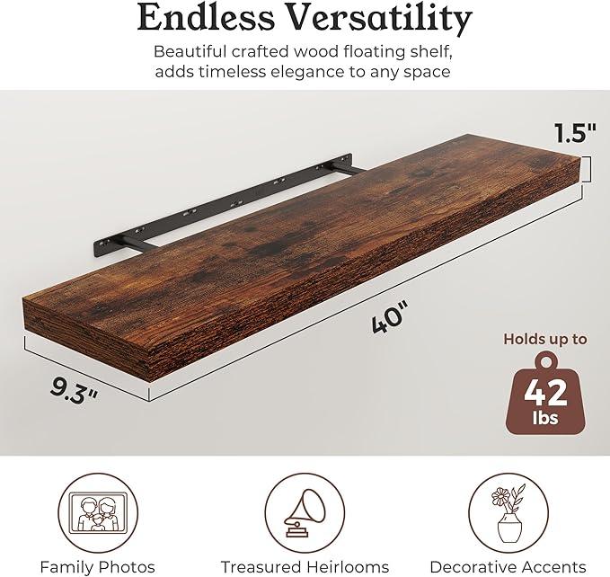Floating Shelves for Wall, Wall Mounted Rustic Wood Shelves for Bathroom, Bedroom, Living Room, Kitchen, Hanging Shelf for Books/Storage/Room Decor (Brown, 40") - ModernBath