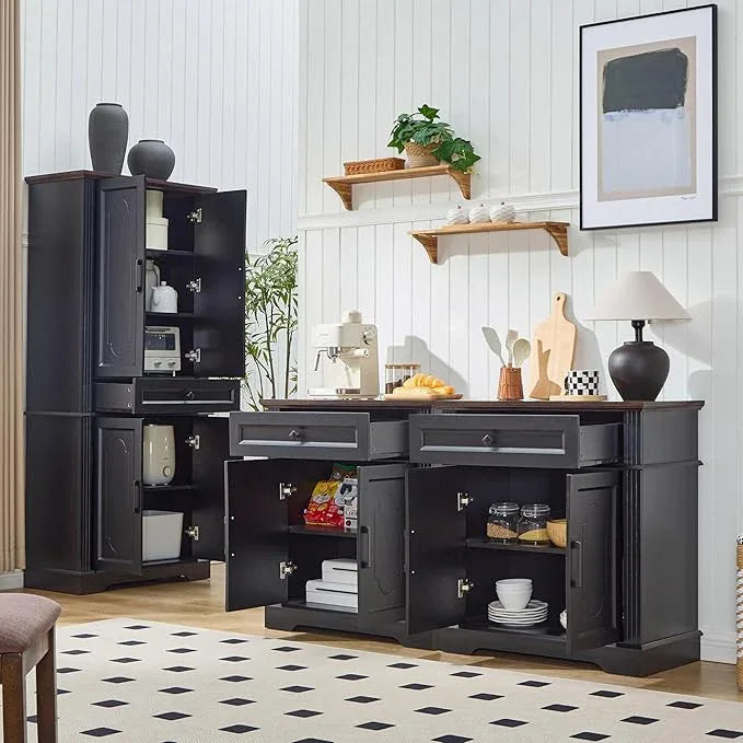 Black Farmhouse Storage Cabinet with 2 Doors and 1 Drawer, Adjustable Shelf, Freestanding Kitchen Pantry Cabinet, Modern Buffet Sideboard Coffee Bar Cabinet Living Room Bathroom Dining Room - ModernBath
