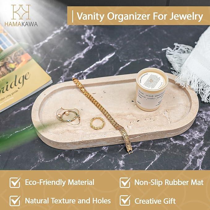 HAMAKAWA Bathroom Vanity Tray, Natural Marble Oval Sink Tray 10 inch, Beige Travertine Vanity Tray for Soap Dispenser Modern Countertop Organizer for Kitchen Countertops, Home Decor - ModernBath