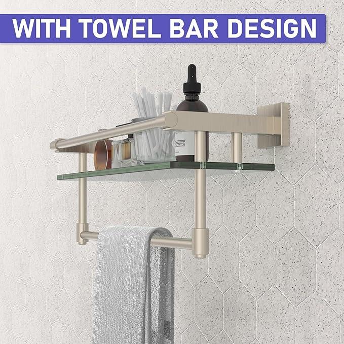 16-Inch Modern Glass Shelf with Towel Bar, 1-Shelf, Brushed Nickel Finish, Wall Mount, Bathroom Organizer - ModernBath