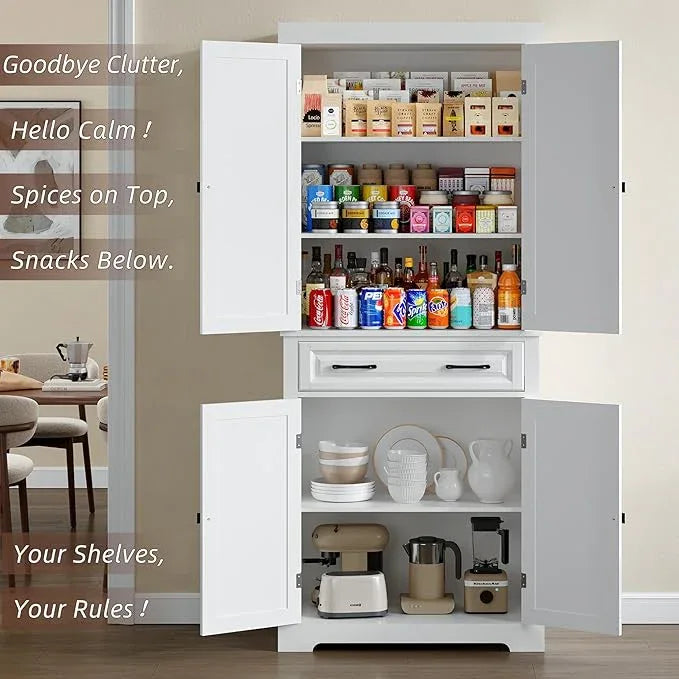 72" Tall Kitchen Pantry Cabinet, White Wooden Storage Cabinet with Drawer, Adjustable Shelves & Anti-Tip Device, Freestanding Bathroom Storage Cabinet, Pantry Cabinets for Kitchen Storage - ModernBath