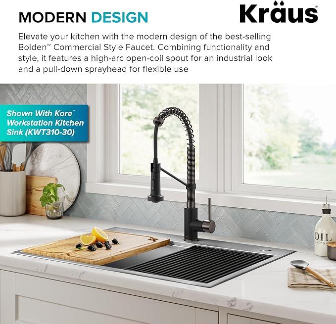 KRAUS Bolden Commercial Style 2-Function Single Handle Pull Down Kitchen Faucet in Matte Black/Black Stainless, KPF-1610MBSB (Pack of 1) - ModernBath