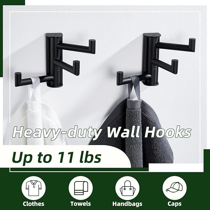 APLusee Matte Black Swivel Towel Hooks for Bathroom 2 Pack, 304 Stainless Steel Foldable Coat Hooks with Multi 3 Arms, Heavy Duty Robe Towel Holders Wall Mounted - ModernBath