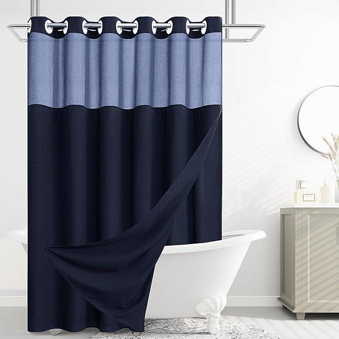 Jowels No Hooks Needed Linen Shower Curtain and Liner Set,Navy Blue Hotel Luxury Decor Shower Curtains for Bathroom with See Through Top Window,Water Resistant Fabric,72Wx87L,Navy Blue - ModernBath