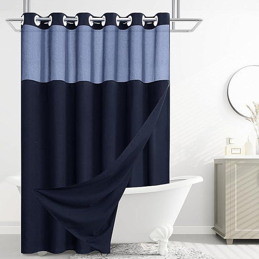 Jowels No Hooks Needed Linen Shower Curtain and Liner Set,Navy Blue Hotel Luxury Decor Shower Curtains for Bathroom with See Through Top Window,Water Resistant Fabric,72Wx87L,Navy Blue - ModernBath