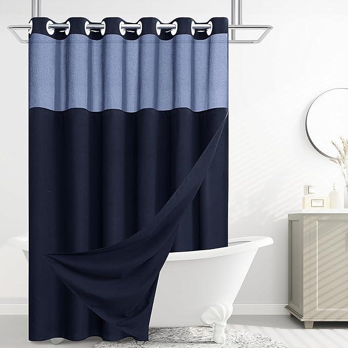Jowels No Hooks Needed Linen Shower Curtain and Liner Set,Navy Blue Hotel Luxury Decor Shower Curtains for Bathroom with See Through Top Window,Water Resistant Fabric,72Wx72L,Navy Blue - ModernBath