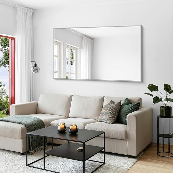 KOCUUY Silver Bathroom Mirror, 60"x36" Large Rectangle Bathroom Mirror for Wall, HD Tempered Glass, Anti-Rust Brushed Silver Frame, Modern Design for Bathroom, Bedroom, Hang Horizontal/Vertical - ModernBath