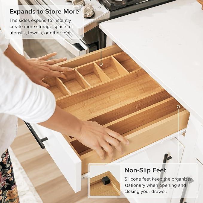 KitchenEdge Adjustable Kitchen Drawer Organizer for Utensils and Junk, Food-Safe Contract Grade with 100% Sustainable Wood, Expandable from 10.5 to 19 Inches Wide - Natural Bamboo - ModernBath