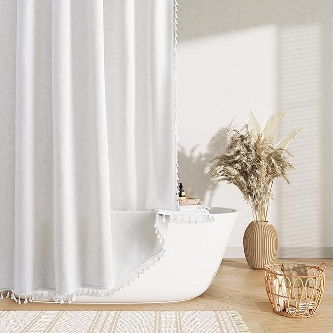 Nanspring Extra Long Beige White Boho Linen Shower Curtain 90 Inch Tassel Design Water Repellent Fabric Shower Curtain Set with Hooks Earthy Simple Bohemian Cottage Style Curtain for Bathroom 72x90 - ModernBath