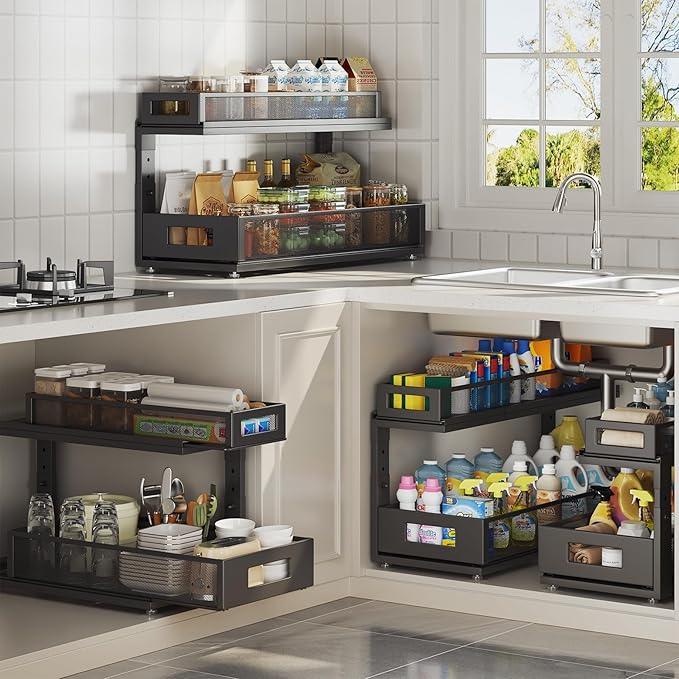 2 Pack 21.3IN-Depth Under Sink Organizer with Next-Gen Ball-Bearing Slides,2-Tier Pull Out Cabinet Storage,Height Adjustable Drawer Shelf for Bathroom,Kitchen,Laundry,Cabinet,Pantry-Black - ModernBath