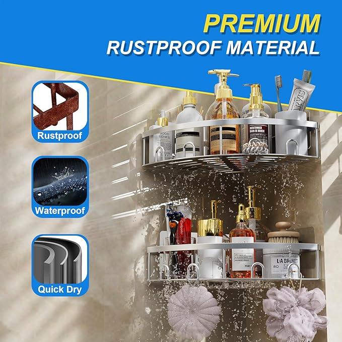Corner Shower Caddy, 2 Pack Adhesive Bathroom Shower Corner Organizer Shelf, No Drilling Rustproof Wall Mounted Shower Storage Rack Shampoo Holder Organizer (Silver) - ModernBath