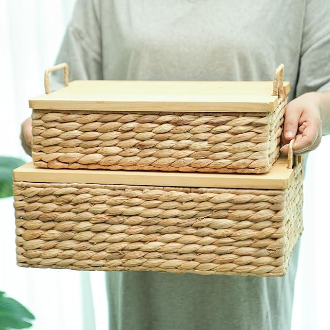 Handmade Water Hyacinth Woven Storage Basket with Lid, Multi - Functional Wicker Organizing Baskets (Set of 2) - ModernBath