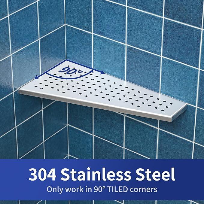 Corner Shower Shelf 2PCS, Trapezoid Shaped Bathroom Shelves 12'' for Tiled Wall, 304 Stainless Steel Grout in Shelf, No Drilling Needed (Silver) - ModernBath