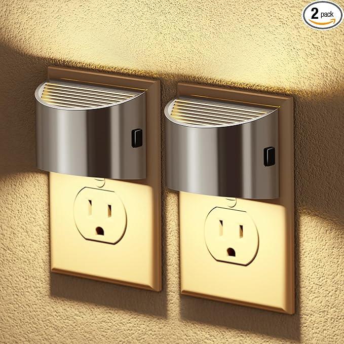 JandCase LED Night Lights Plug into Wall, 2 Pack Modern Night Lights, Dusk to Dawn Sensor Nightlight, 0-100LM Brightness Adjustable, 3000K Soft White(Silver) - ModernBath