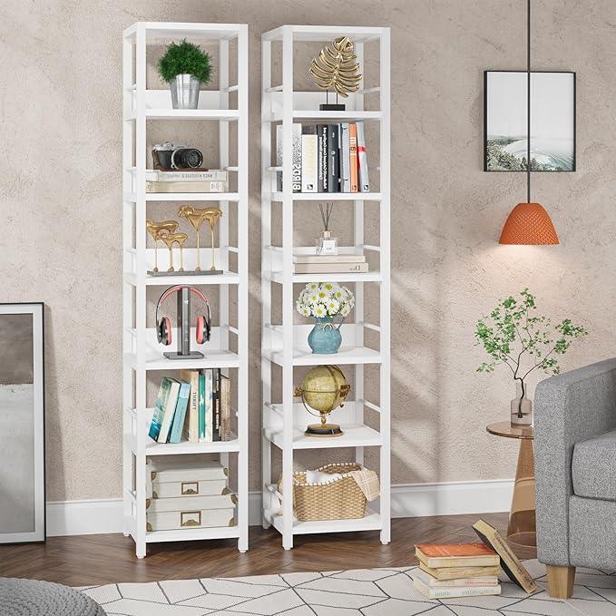 Tribesigns 6-Tier Corner Shelf, 75 Inch Tall Narrow Bookshelf Storage Rack, Etagere Shelves Display Stand for Small Spaces, Rustic Open Bookcase Square Shelf Tower for Living Room Bathroom - ModernBath