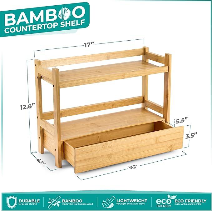 Sorbus Bamboo Bathroom Counter Organizer – 2-Tier Shelf with Hidden Drawer for Vanity, Matcha Station, Bathroom Sink Organizer Countertop, Kitchen & Office Storage (17″ L x 6.5″ W x 12.6″ H) - ModernBath