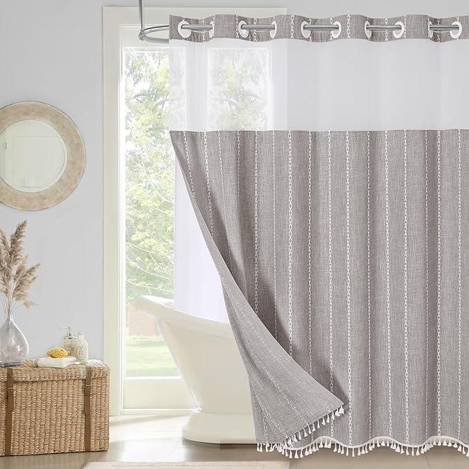 MitoVilla No Hooks Needed Farmhouse Shower Curtain with Snap-in Liner - with Window & Magnets, Boho Cotton Linen Fabric Shower Curtains with Tassels for Rustic Bathroom Decor, Grey Taupe, 72 x 74 - ModernBath