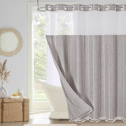 MitoVilla No Hooks Needed Farmhouse Shower Curtain with Snap-in Liner - with Window & Magnets, Boho Cotton Linen Fabric Shower Curtains with Tassels for Rustic Bathroom Decor, Grey Taupe, 72 x 74 - ModernBath