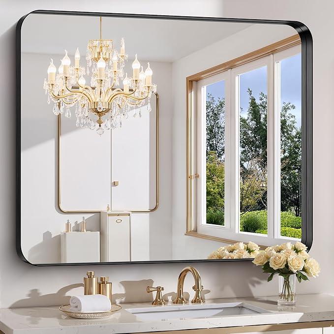 FORBATH 48x40 Inch Bathroom Mirror, Brushed Black Deep Frame Wall Mirror with Rounded Corners, Anti-Rust Tempered Glass for Modern Farmhouse Vanity (Horizontal/Vertical) - ModernBath
