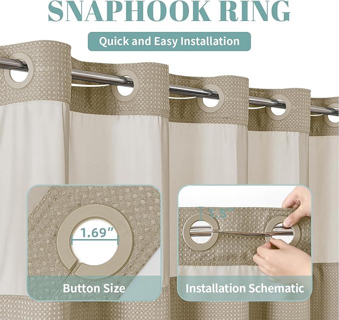 eachope Khaki No Hook Waffle Weave Shower Curtain with snap-in Liner Replacement, 230GSM Waterproof Fabric Hotel Shower Curtain Set for Bathroom, Through Mesh Top Window,71Wx74H - ModernBath
