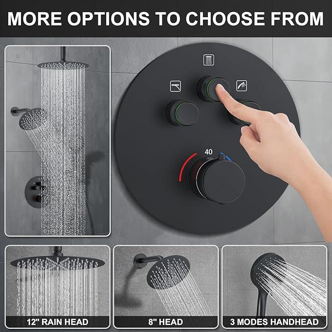KOJOX Matte Black Thermostatic Shower System, Push Button Diverter Shower Faucet Set with 12" Ceiling Mount Rain Shower, 8" Wall Mount Shower Head, and 3-in-1 Handheld Spray - ModernBath