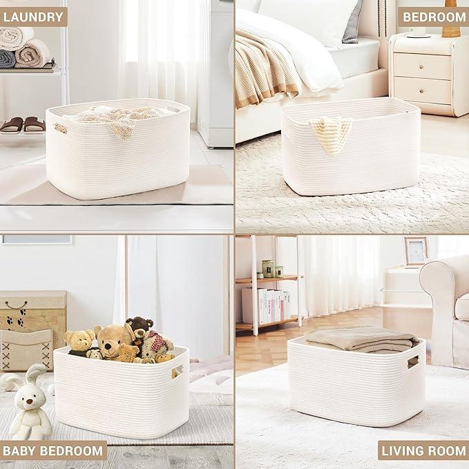 60L Small Baby Girls Laundry Basket for Nursery Storage,Cute Woven cotton Rope Baskets for Kids Toy，Gifts,Boho Square Wicker Blanket hamper for Living Room,Bedroom Dirty Clothes, White - ModernBath