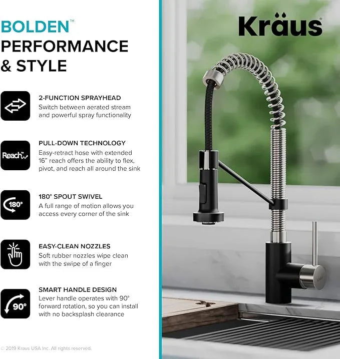 KRAUS Bolden Commercial Style 2-Function Single Handle Pull Down Kitchen Faucet in Stainless Steel/Matte Black, KPF-1610SSMB (Pack of 1) - ModernBath