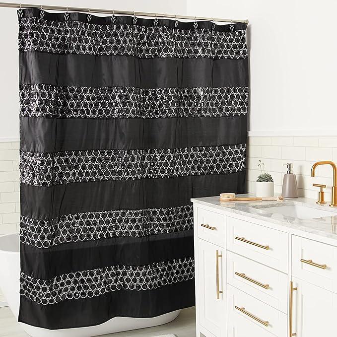 Zahari Home 13pc Sinatra Bathroom Shower Curtain Set Classic Shower Curtain & 12 Shower Curtain Hooks Luxury Fabric Shower Curtain Unique Design Bling Black Shower Curtain Set - ModernBath