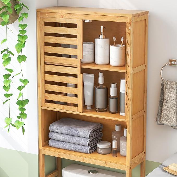Tangkula Over The Toilet Storage Cabinet, Bamboo Bathroom Space Saver with 2 Doors, Adjustable Bottom Bar, Open Shelf, Freestanding Bathroom Cabinet Organizer Above Toilet for Restroom, Laundry Room - ModernBath