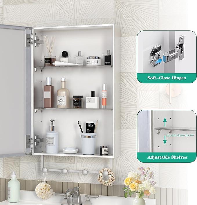 ANYHI 24"x16" Silver Bathroom Cabinet with Mirror, Single Door Bathroom Wall Mirror Cabinet, 2 Adjustable Storage Organizer Shelves, 5 Removable Hooks - ModernBath