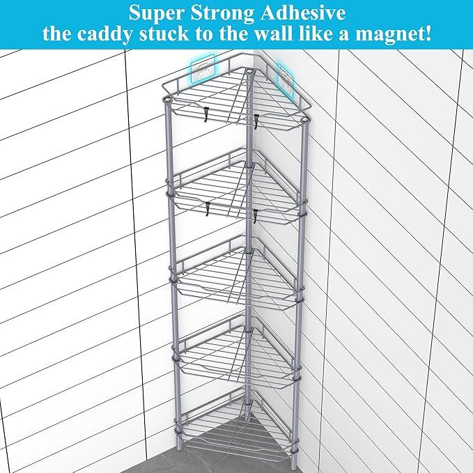 5 Tier Floor Standing Corner Shower Caddy Organizer Shelf with Hooks, Bathroom Shelves Stand Rack, Dark Gray - ModernBath