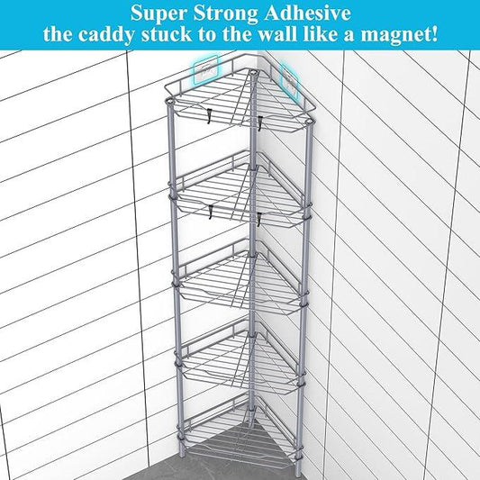 5 Tier Floor Standing Corner Shower Caddy Organizer Shelf with Hooks, Bathroom Shelves Stand Rack, Dark Gray - ModernBath