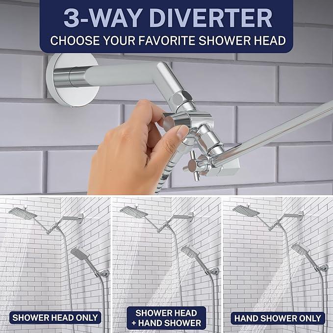 HammerHead® Solid Metal Dual Shower Head Combo — 8" Square Rain Shower Head with Handheld, 12" Adjustable Arm & Wall-Mount Holder for Flexible Installation — Chrome - ModernBath