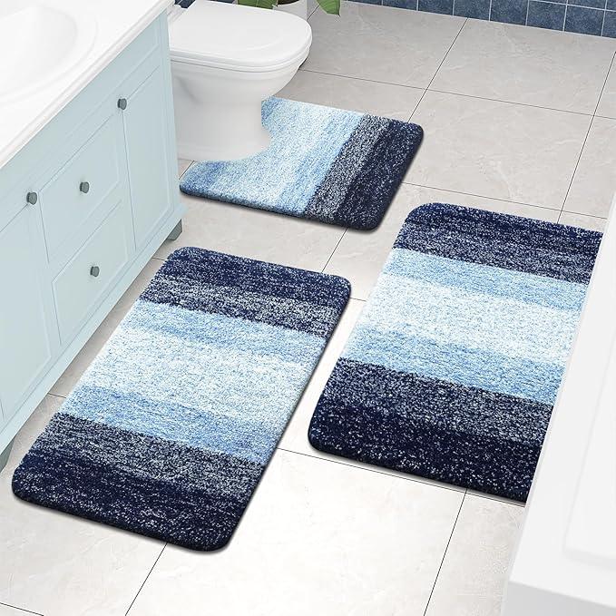 Arotive Microfiber Bathroom Rugs, Shaggy Soft and Absorbent Contour Toilet Rugs, Non-Slip, Thick Plush Machine Washable Dry Bath Mats for Toilet Base, 24x20, Blue, U-Shape - ModernBath