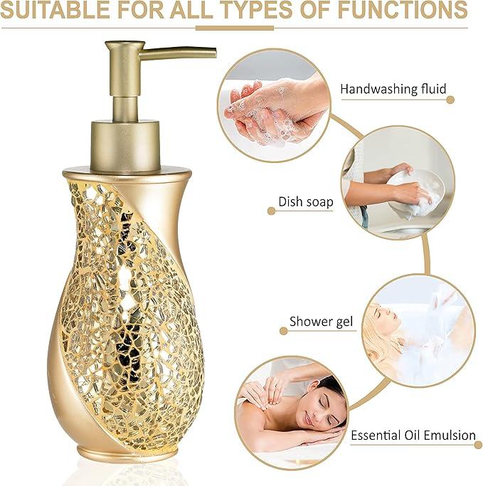 Zahari Home 4pc Sinatra Stylish Bathroom Accessories Set Champagne Gold Soap Dispenser Pump, Tumbler, Tooth Brush Holder and Soap Dish Modern Decor Bling Mosaic Glass Gold Bathroom Accessories - ModernBath