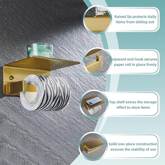 Toilet Paper Holder with Shelf Brushed Gold, APLusee SUS 304 Stainless Steel Modern Bathroom Accessories Tissue Roll Dispenser Storage - ModernBath
