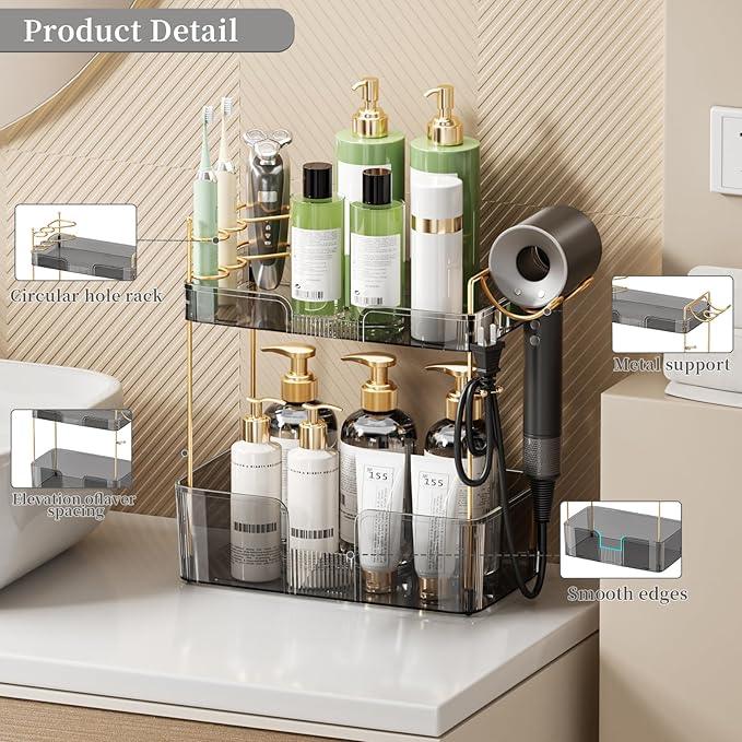 YCIA&DONE Bathroom Counter Organizer, Large Makeup Organizer Countertop, Shelf Storage, Vanity Tray, Easily Assemble for Bathroom Organizers and Storage, Undersink, Cabinet, 2 Tiers Grey - ModernBath