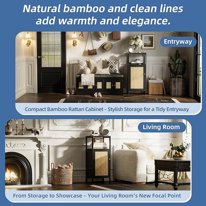 HITNET Bamboo Floor Cabinet, Small Bathroom Storage Cabinet with Single Rattan Door, Narrow Side Storage Organizer Unit Freestanding Space Saving Kitchen Cupboard, Black - ModernBath