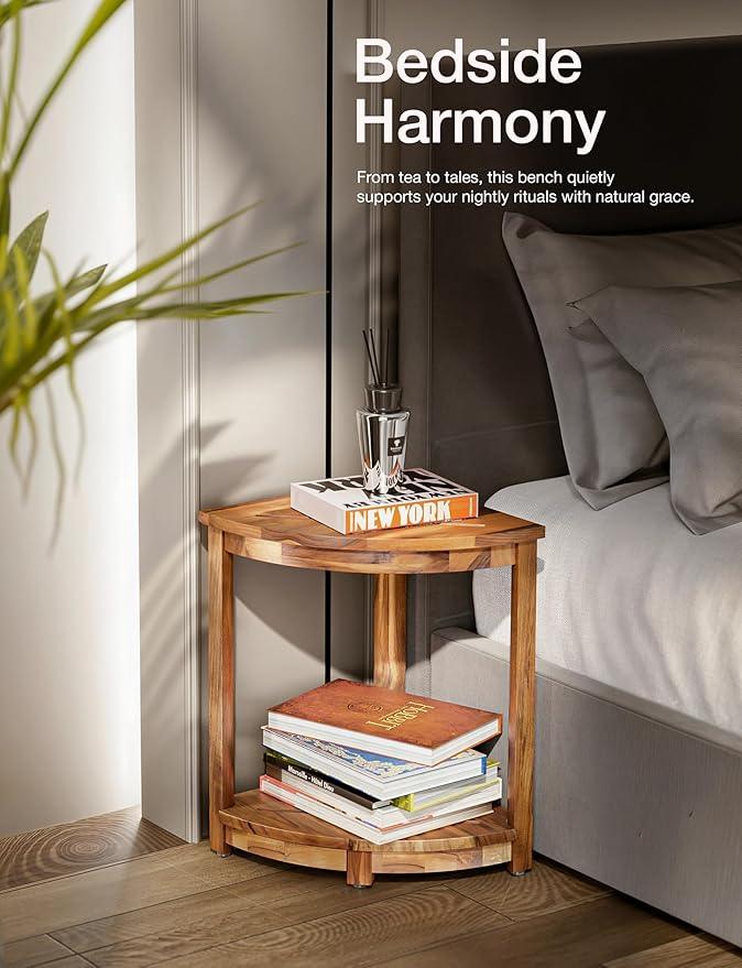 HOLANA 18" Teak Corner Shower Stool for Inside Shower – Teak Corner Shower Bench with Storage Shelf – Shower Foot Rest and Shower Stool for Shaving Legs – Compact Teak Shower Stool for Indoor Use - ModernBath