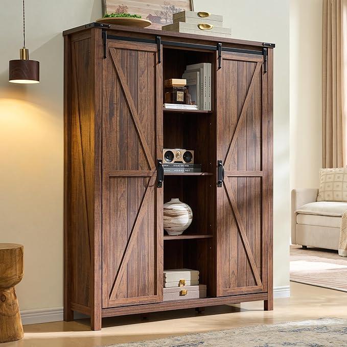 OKD Storage Cabinet with 2 Sliding Door, 7-Tier 62" Tall Farmhouse Entryway Shoe Cabinet, Freestanding Rustic Hidden Shoe Organizer for Entryway, Rustic Walnut - ModernBath