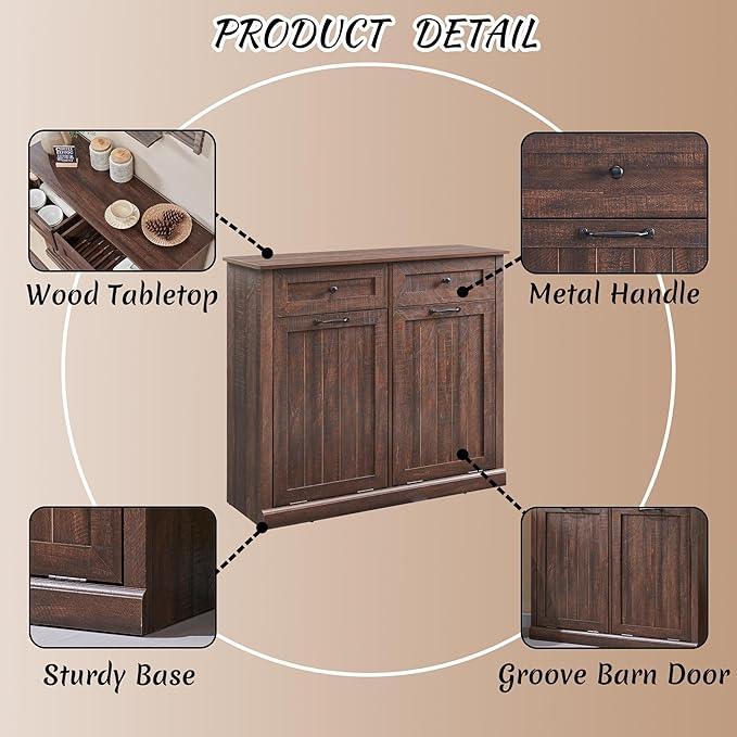 Double Tilt Out Laundry Hamper Cabinet, 20 Gallon Farmhouse Trash Can Cabinet with Drawer, Hidden Wood Garbage Can Bin Cabinet with Laundry Storage Basket for Bathroom, Kitchen, Brown - ModernBath