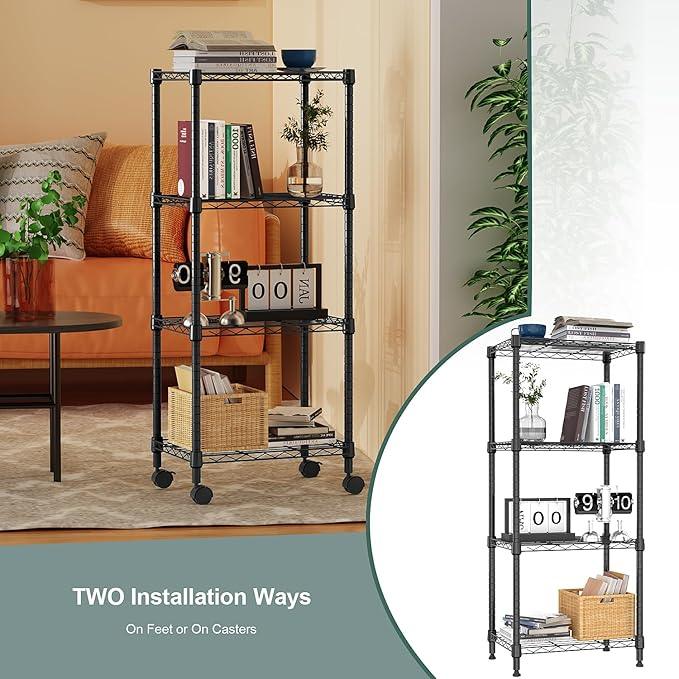 4-Shelf Adjustable Heavy Duty Steel Wire Rack, Adjustable Storage Shelving Unit with Wheel for Kitchen, Garage, Laundry Black 11.8" D x 17.7" W x 40.8" H - ModernBath